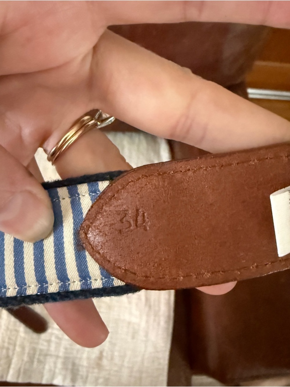 Men's Navy Embroidered Virginia Web Belt with Brown Leather - Picture 4 of 4